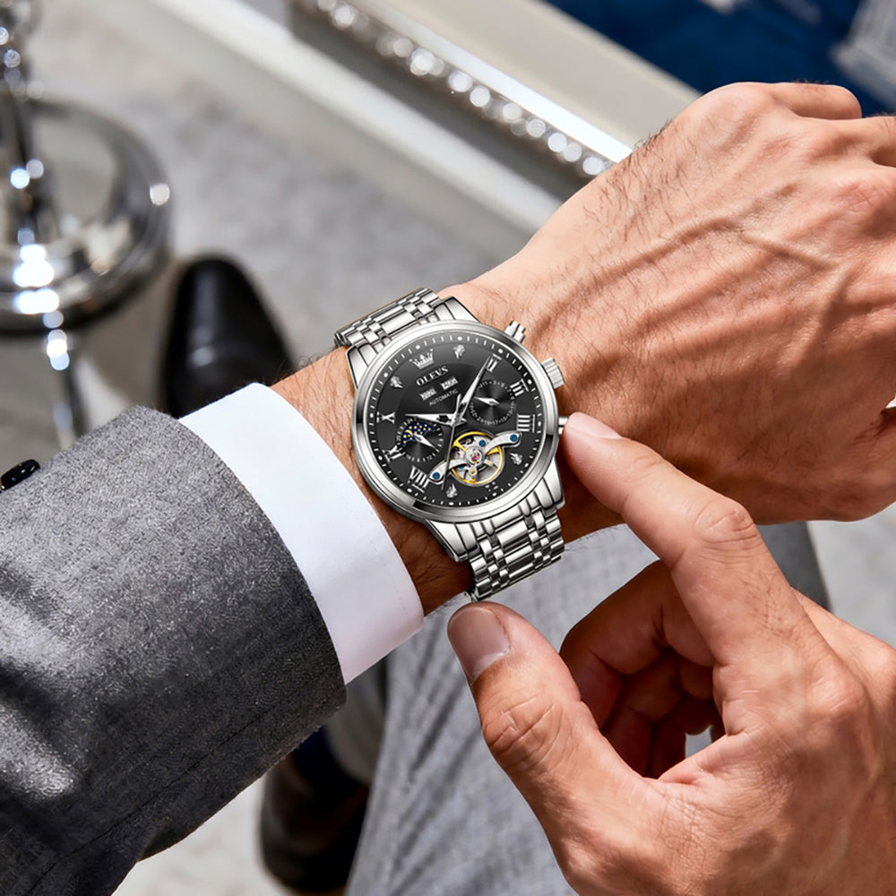 OLEVS 6763 moon phase watch lifestyle close up