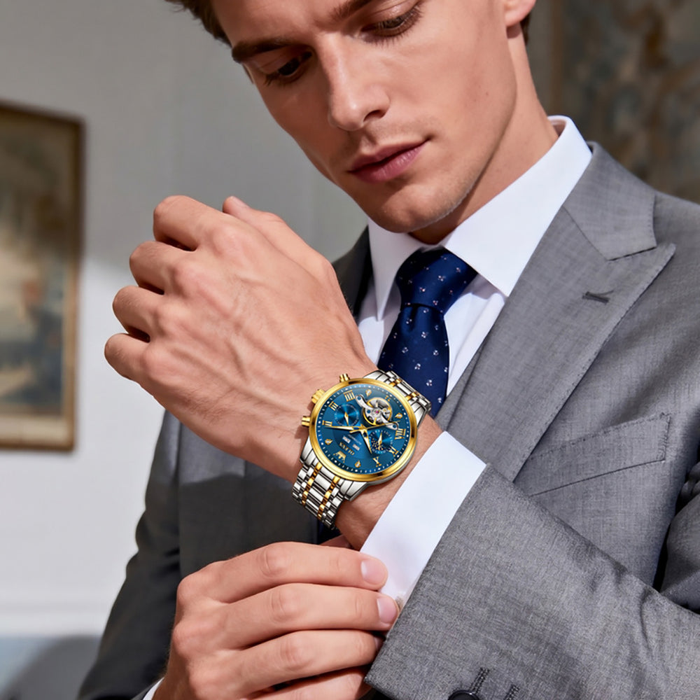 OLEVS 6763 stainless steel watch worn on wrist