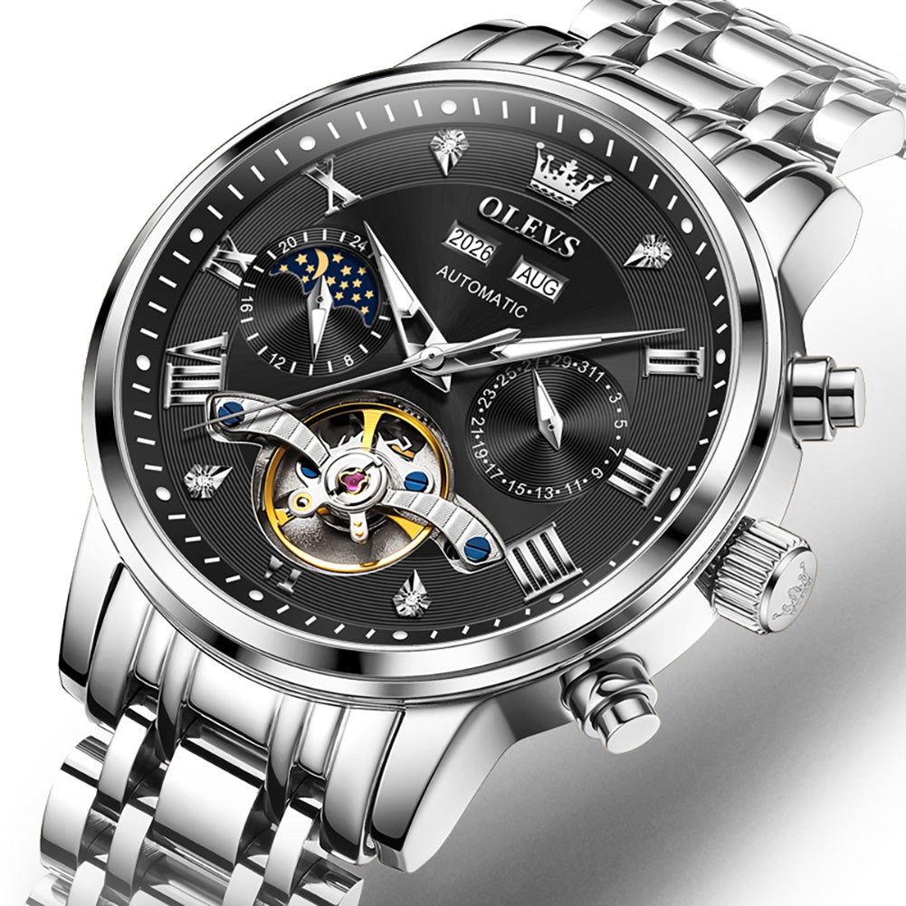 OLEVS 6763 silver black open heart dial close up