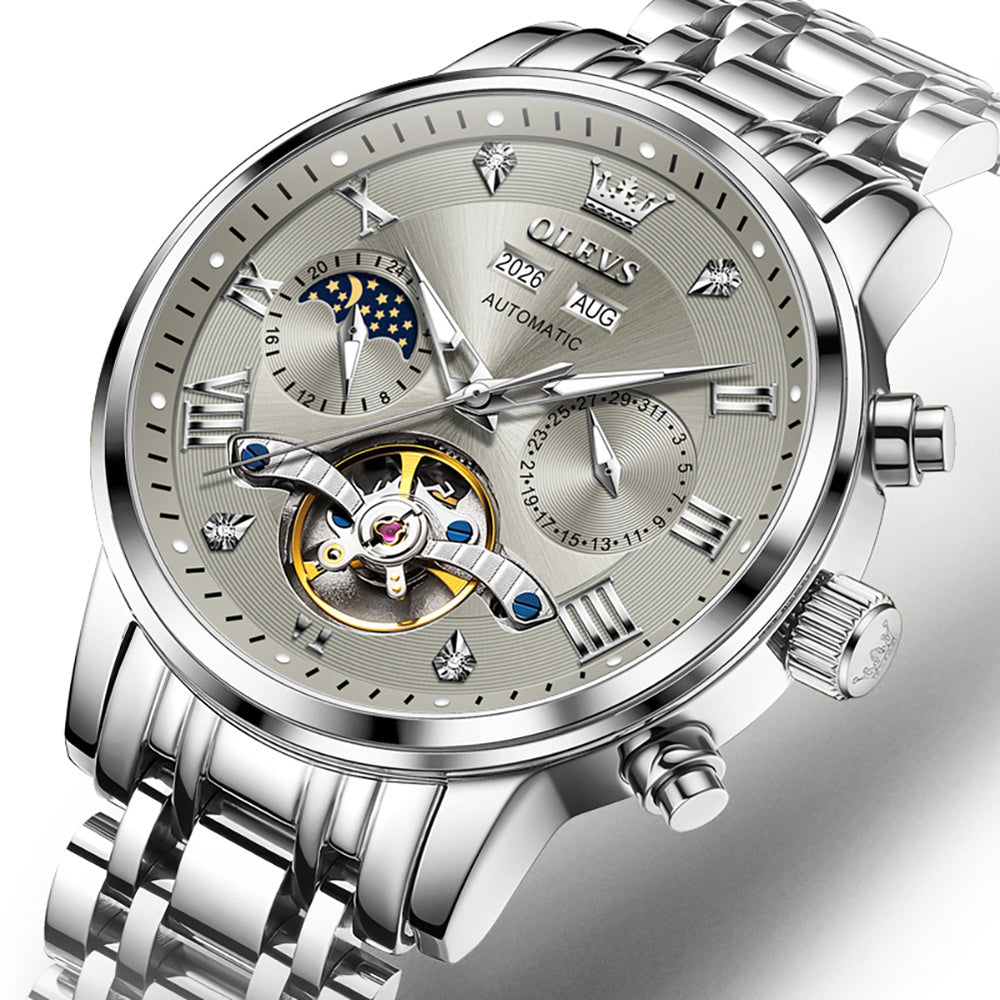 OLEVS 6763 silver gray open heart dial close up
