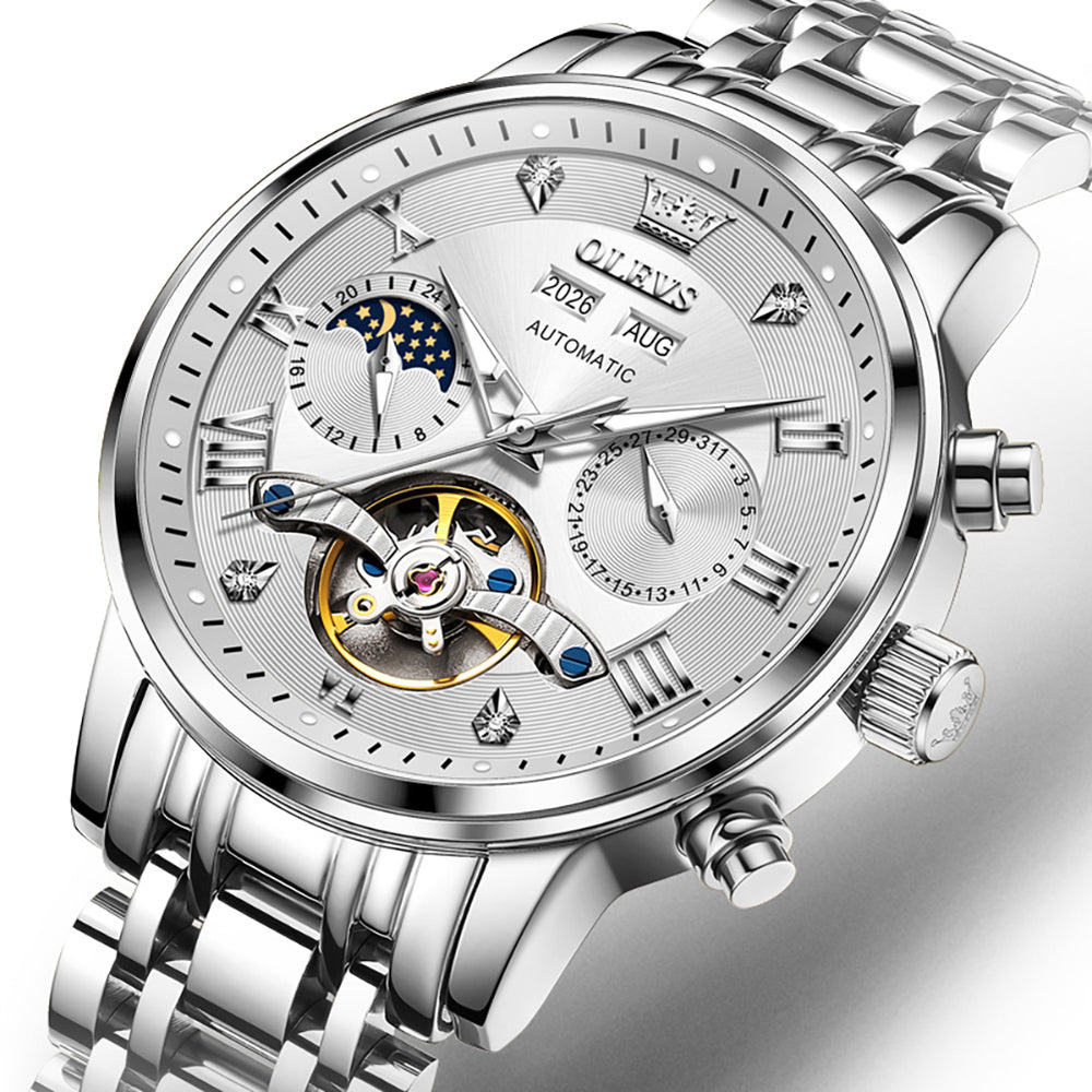 OLEVS 6763 silver white open heart dial close up