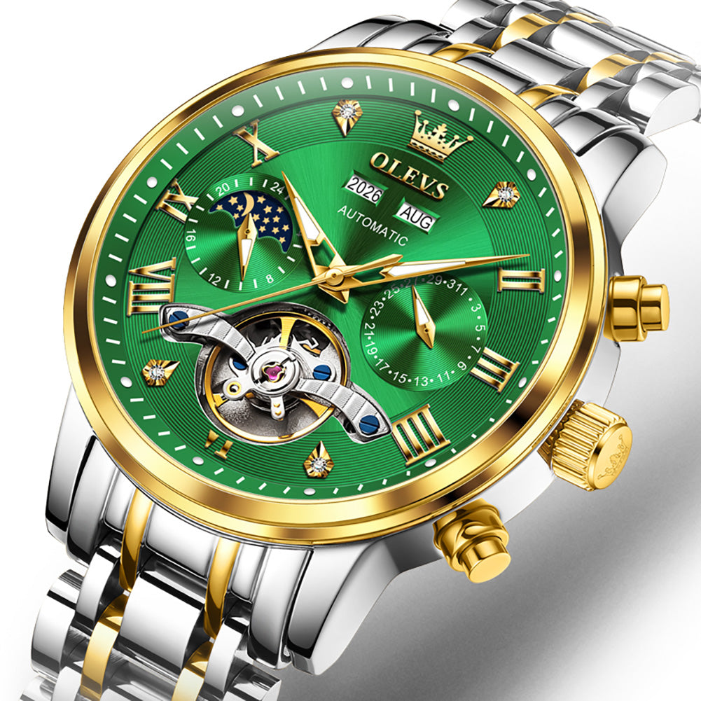 OLEVS 6763 two tone green open heart dial close up
