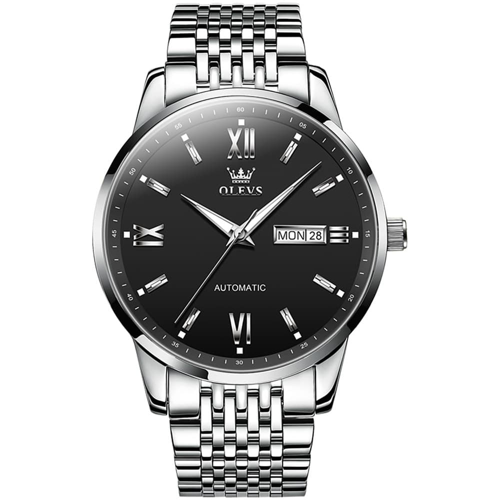 OLEVS 6777 Minimalist Day Date Mechanical Watch for Men - Silver Black Watch | Olevs Watch Store
