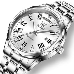 OLEVS 6780 Roman Numerals Day Date Mechanical Watch for Men - Silver White Watch | Olevs Watch Store