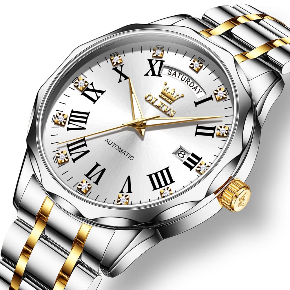 OLEVS 6780 Roman Numerals Day Date Mechanical Watch for Men - Two Tone White Watch | Olevs Watch Store