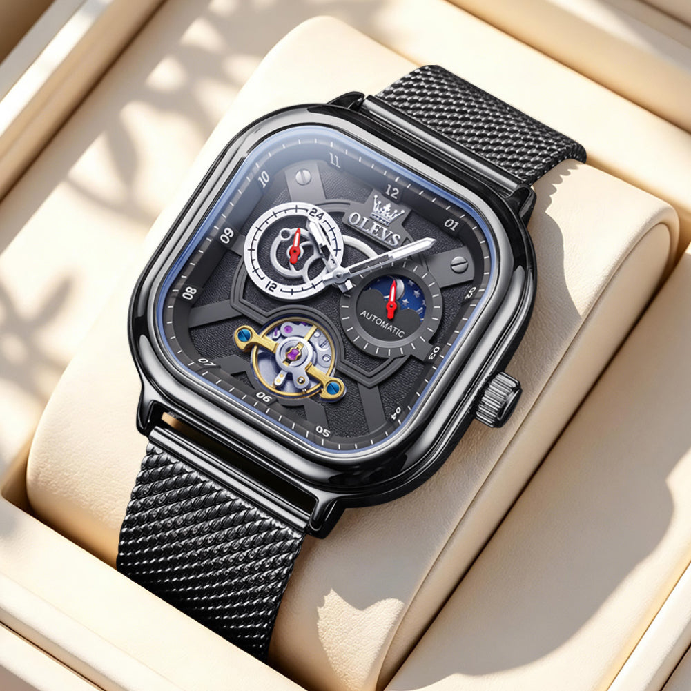 OLEVS 6782 All Black dial and mesh bracelet close-up