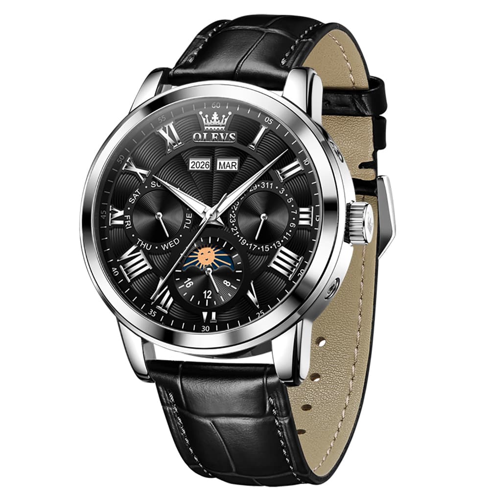 OLEVS 6785 Sun and Moon Multi Function Mechanical Watch for Men - Leather Silver Black Watch | Olevs Watch Store