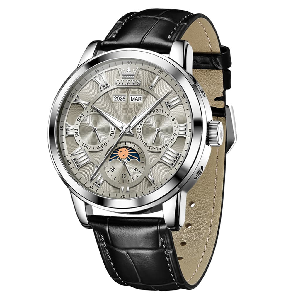 OLEVS 6785 Sun and Moon Multi Function Mechanical Watch for Men - Leather Silver Grey Watch | Olevs Watch Store