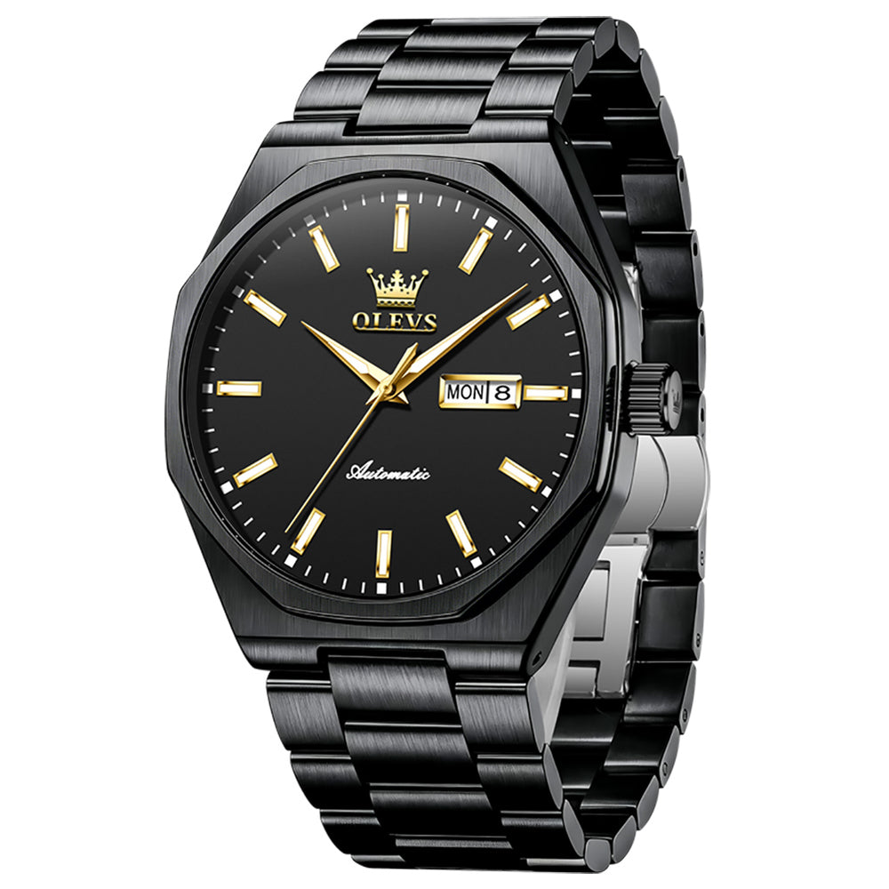 OLEVS 6786 All Black automatic day date watch front view