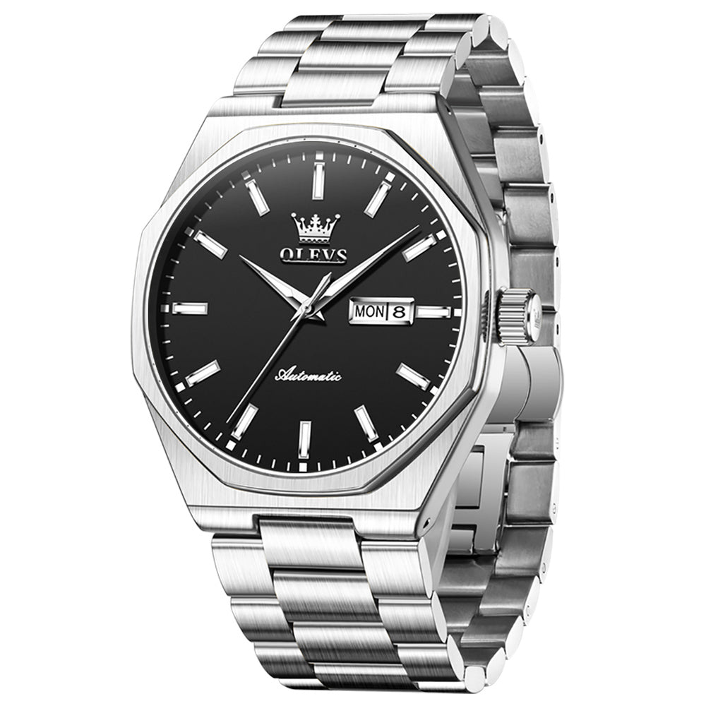 OLEVS 6786 Silver Black automatic day date watch front view