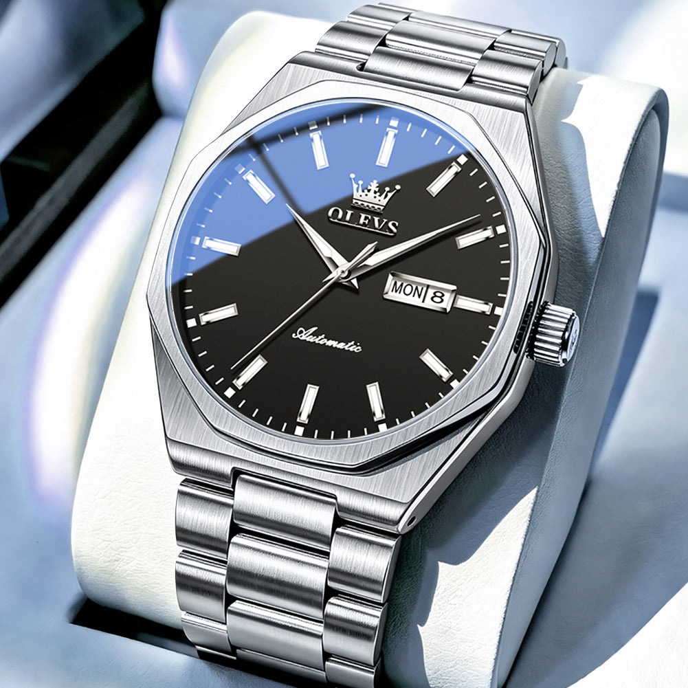 OLEVS 6786 Silver Black watch studio closeup