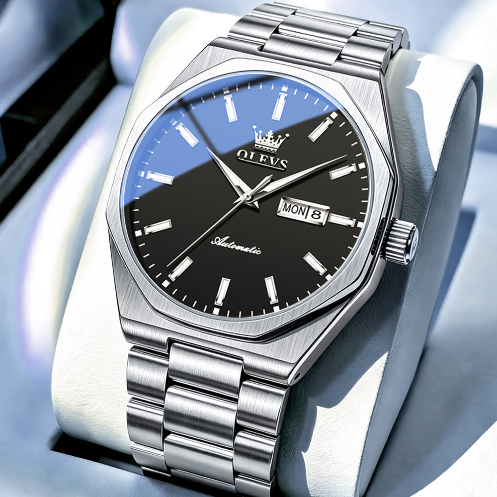 OLEVS 6786 Silver Black watch studio closeup