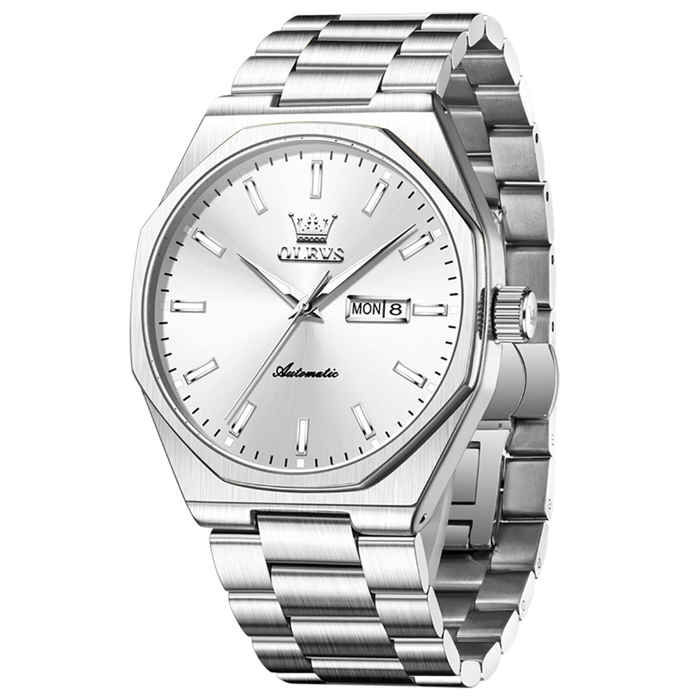 OLEVS 6786 Silver White automatic day date watch front view