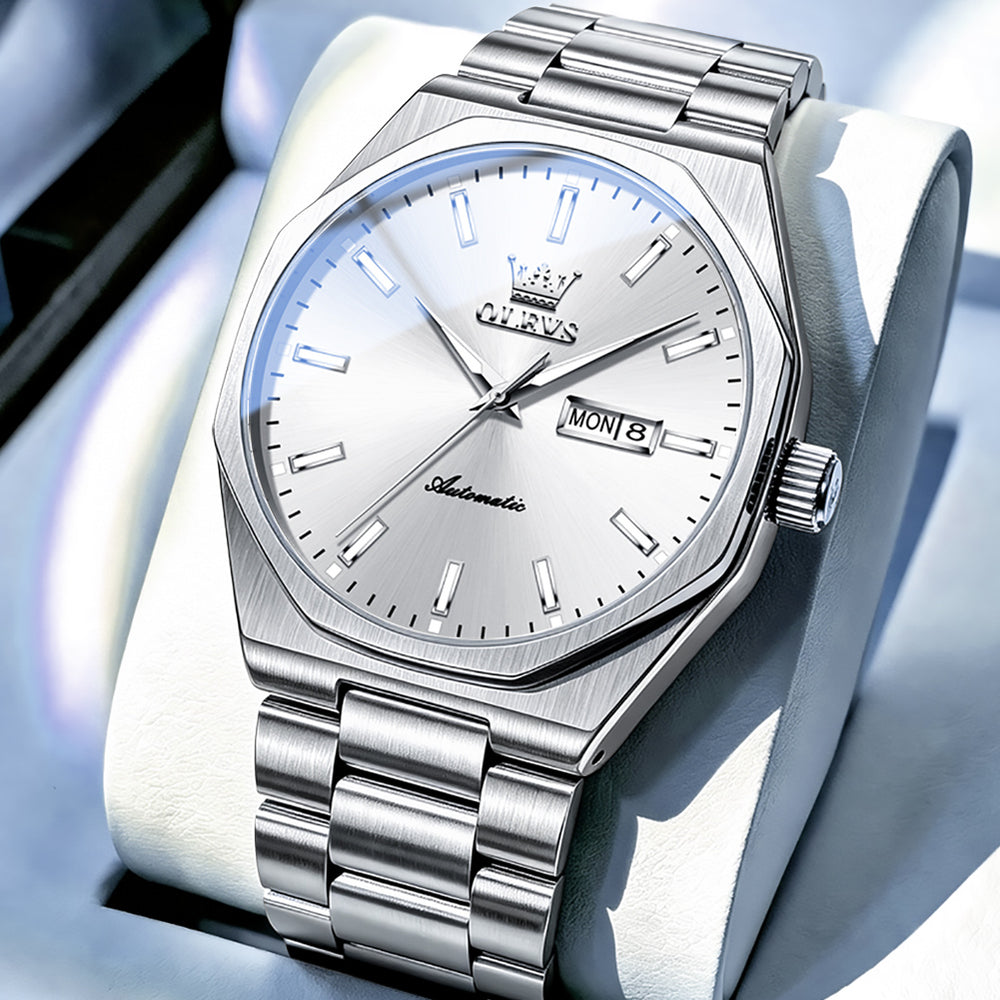 OLEVS 6786 Silver White watch studio closeup