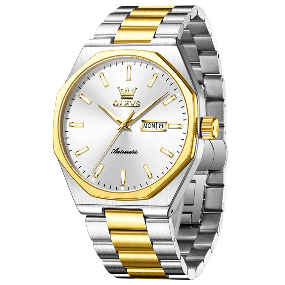 OLEVS 6786 Two Tone White automatic day date watch front view