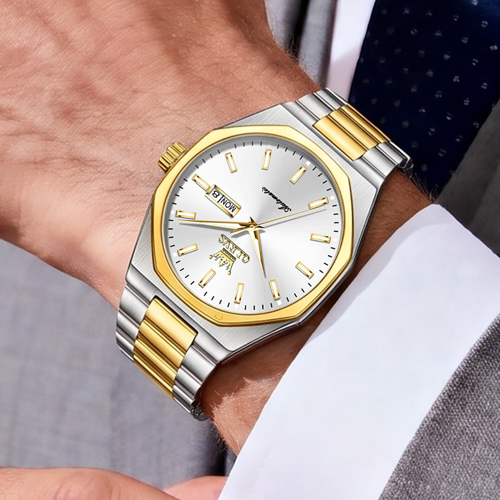 OLEVS 6786 Two Tone White watch worn with business attire