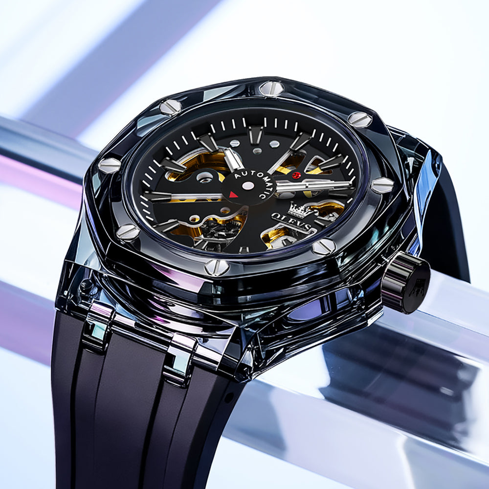 OLEVS 6788 All Black transparent case closeup