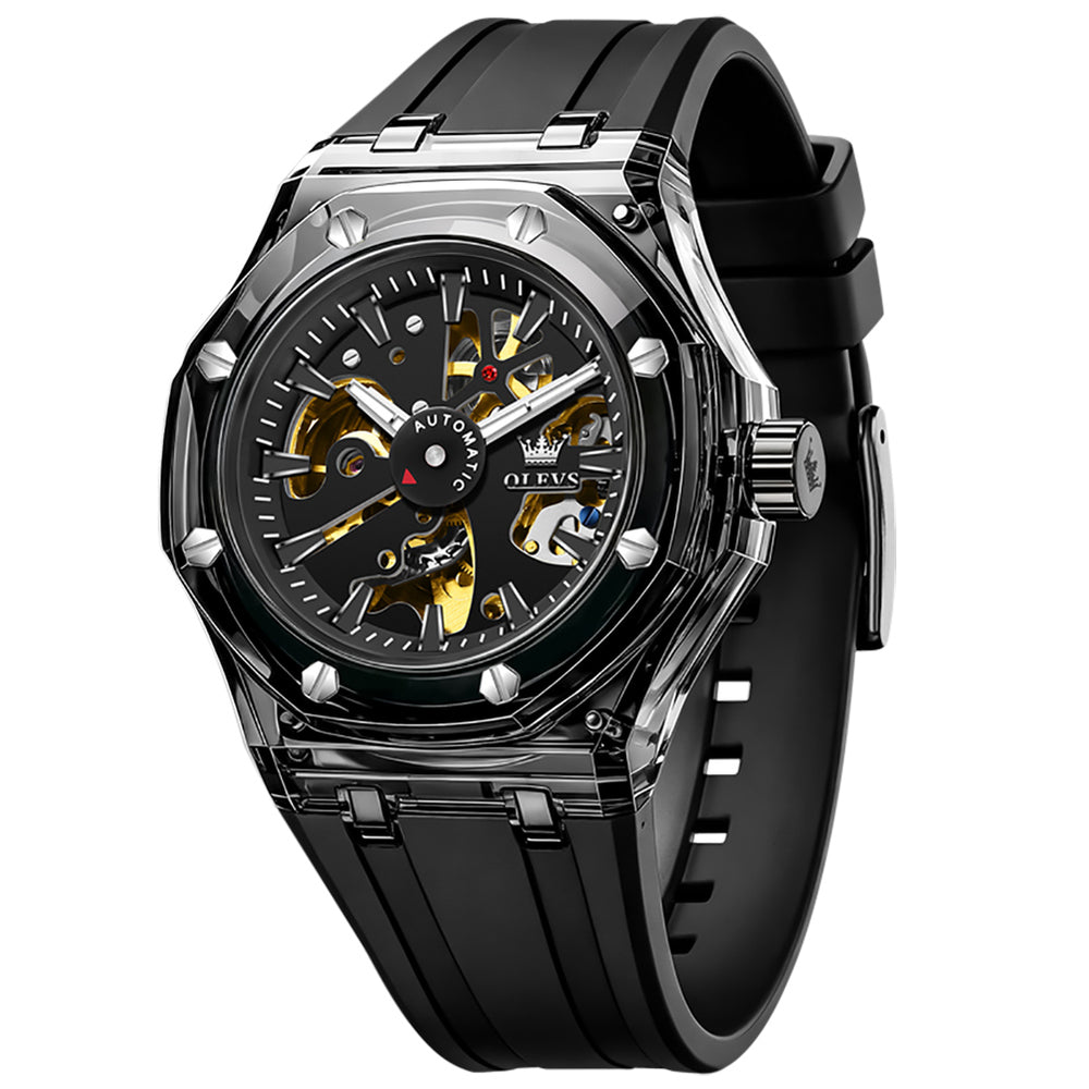 OLEVS 6788 All Black skeleton automatic watch front view