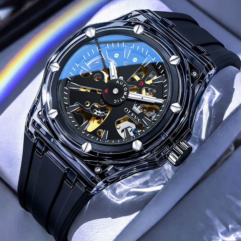 OLEVS 6788 All Black transparent watch studio closeup