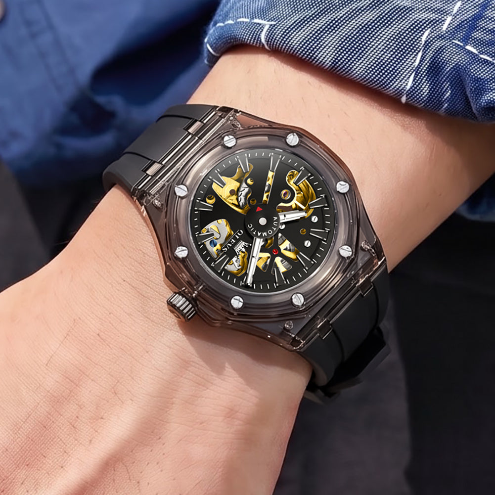 OLEVS 6788 All Black skeleton watch wrist closeup