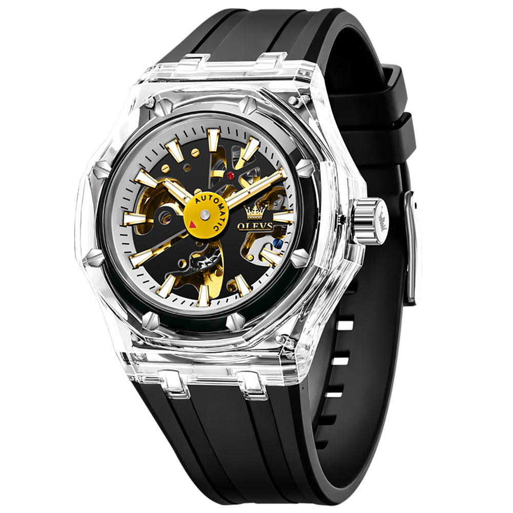 OLEVS 6788 Black Clear skeleton automatic watch front view