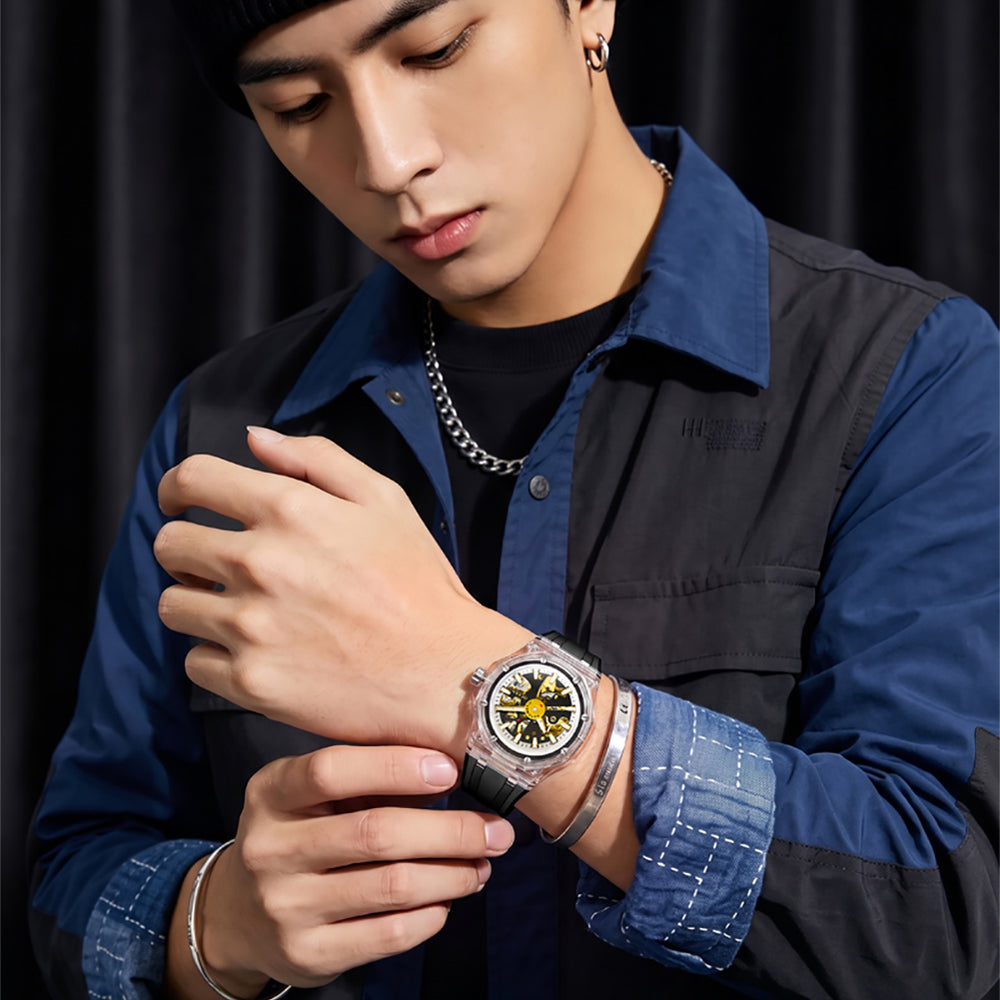 OLEVS 6788 Black Clear automatic watch lifestyle