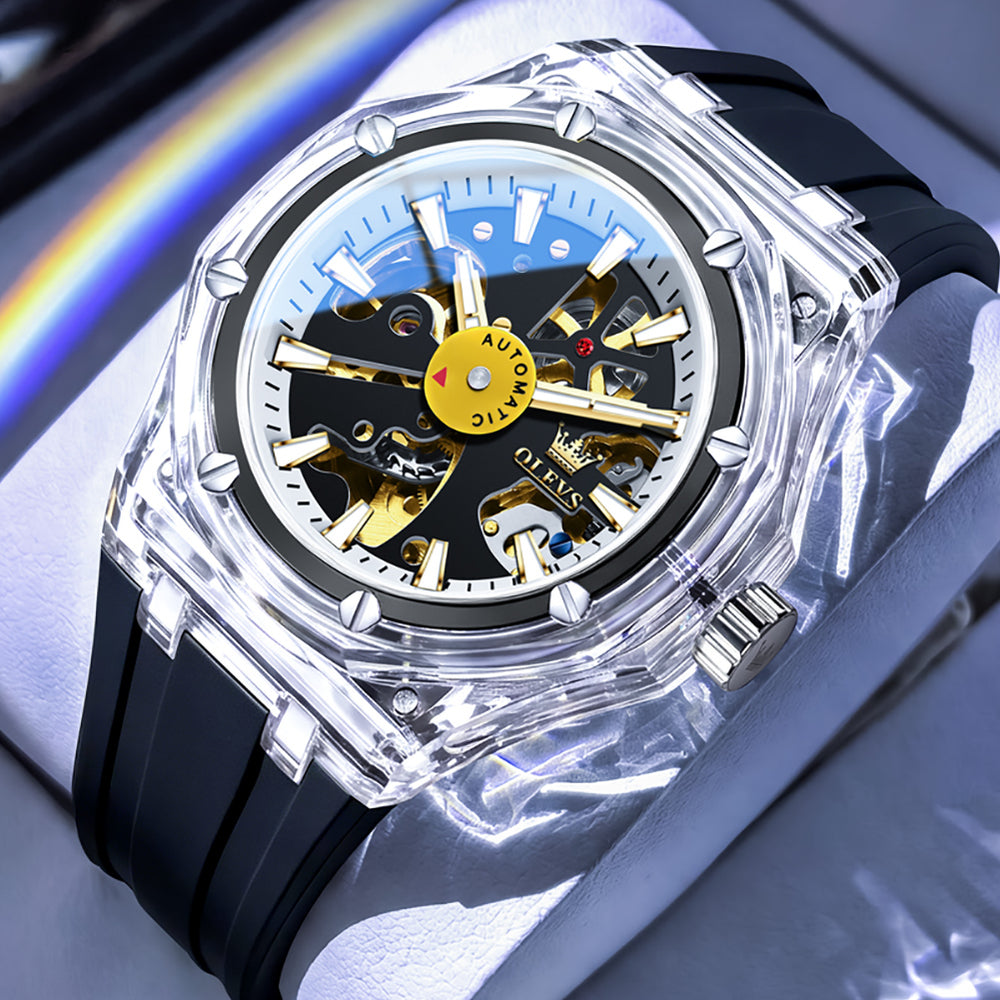 OLEVS 6788 Black Clear transparent watch studio closeup