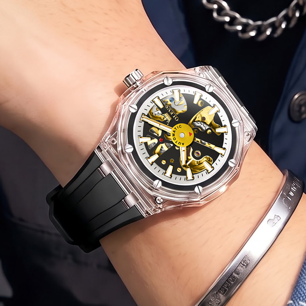 OLEVS 6788 Black Clear skeleton dial on wrist