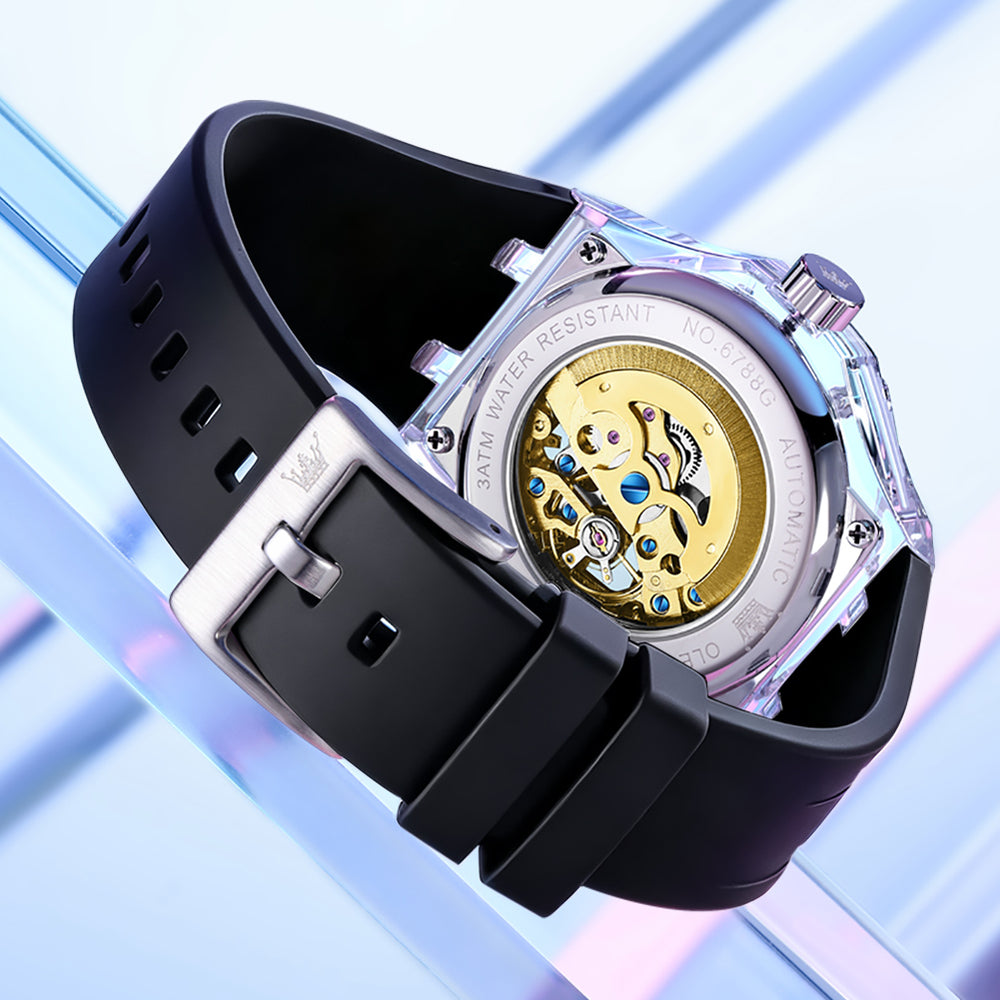 OLEVS 6788 exhibition caseback and black rubber strap