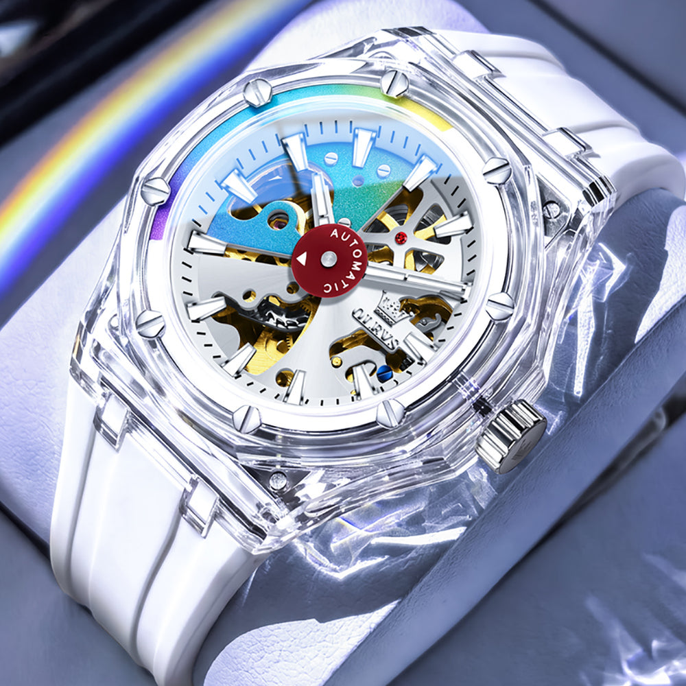 OLEVS 6788 White Clear transparent watch studio closeup