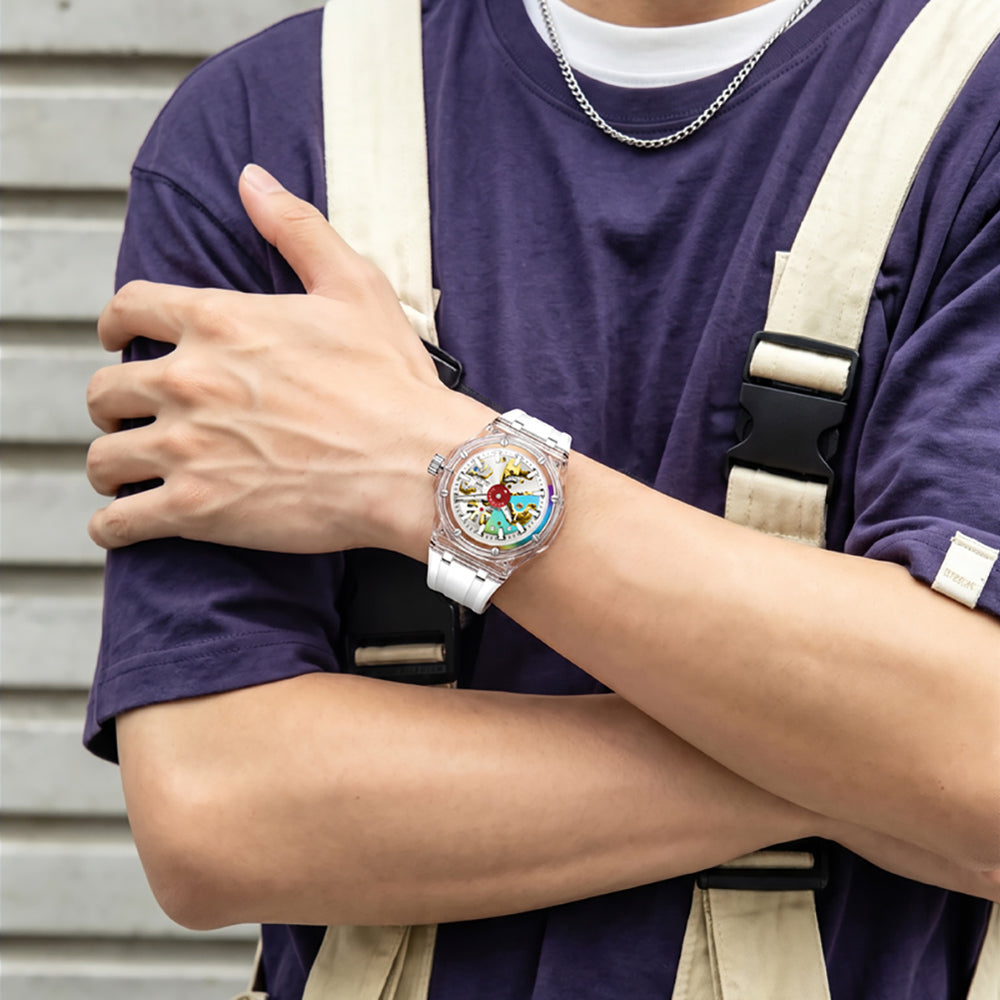 OLEVS 6788 White Clear watch worn on wrist