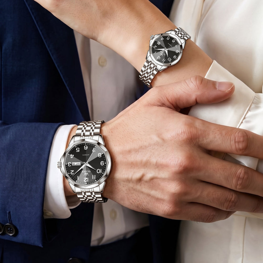 OLEVS 6789 silver black matching watches worn by a couple
