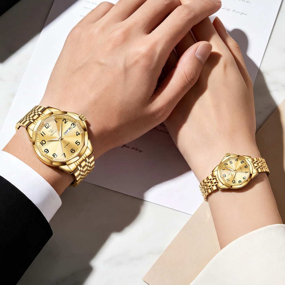 OLEVS 6789 all gold matching watches worn by a couple