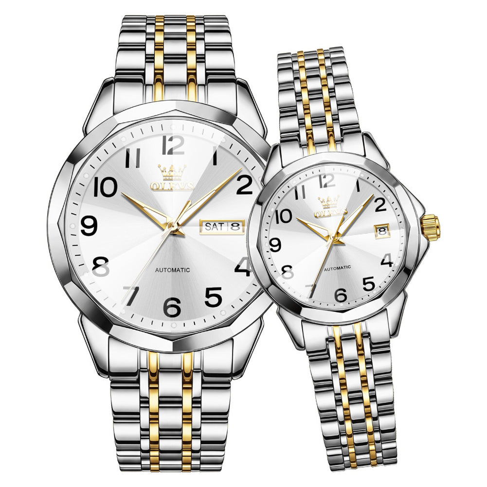 OLEVS 6789 gold silver white automatic couple watch set