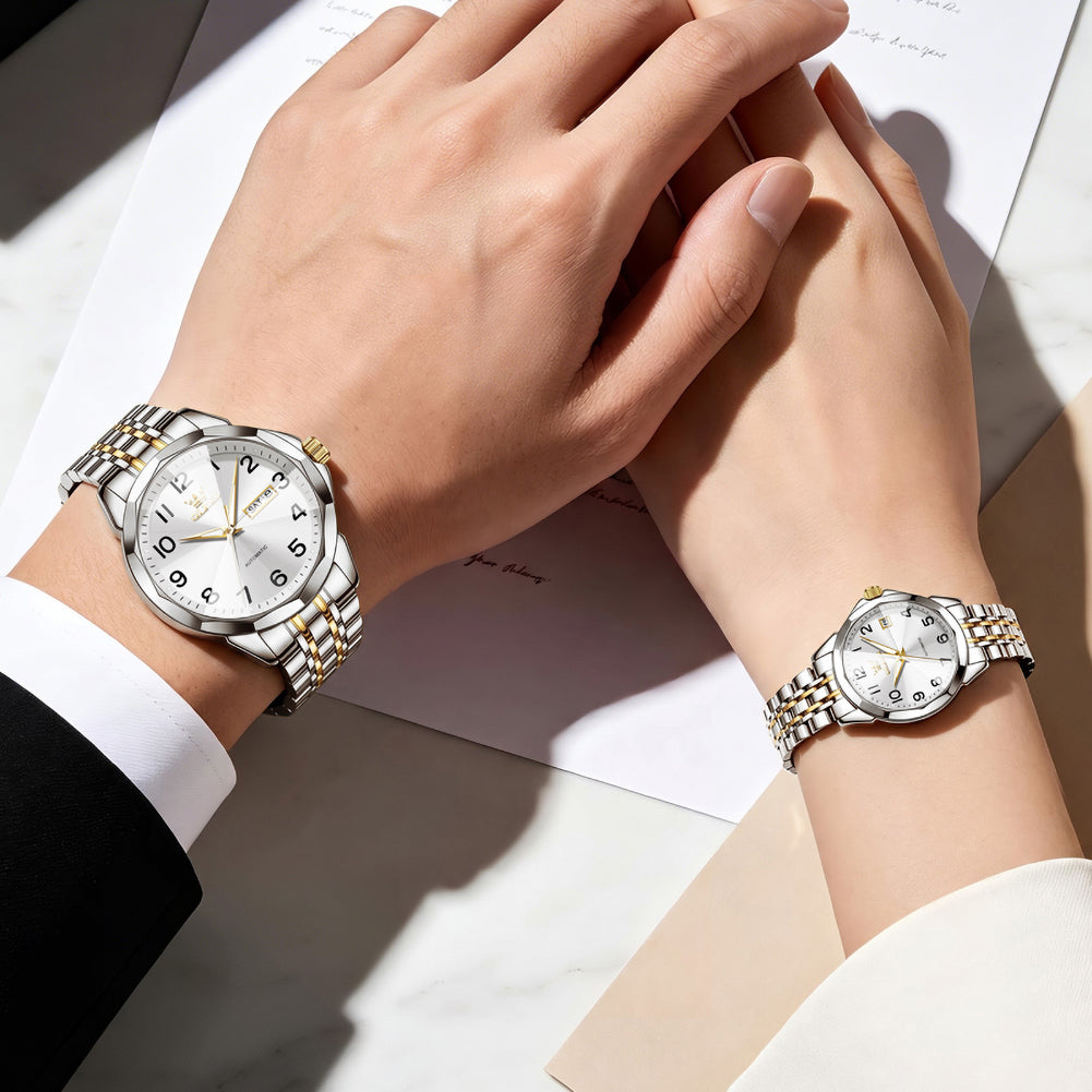 OLEVS 6789 two tone white matching watches worn by a couple