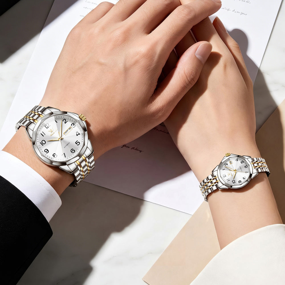 OLEVS 6789 two tone white matching watches worn by a couple