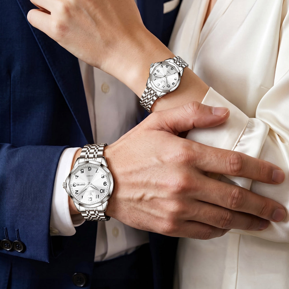 OLEVS 6789 silver white matching watches worn by a couple