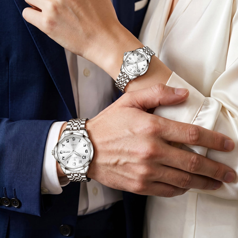 OLEVS 6789 silver white matching watches worn by a couple