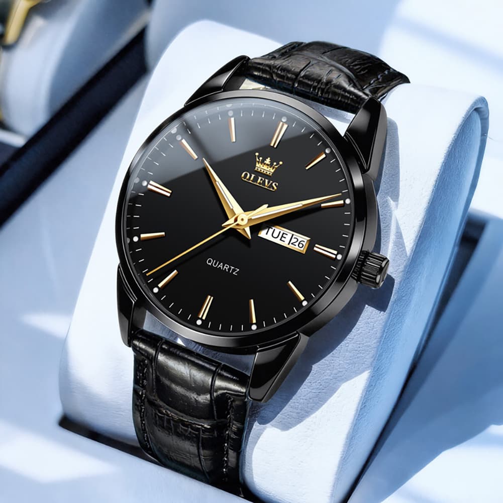OLEVS 6898P Ultra Thin Day Date Watch Leather Strap Quartz Casual Timepiece for Men - All Black Watch | Olevs Watch Store