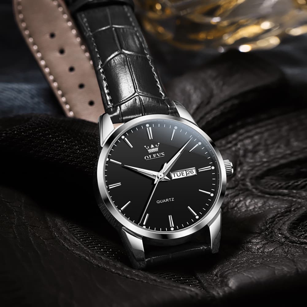 OLEVS 6898P Ultra Thin Day Date Watch Leather Strap Quartz Casual Timepiece for Men - All Black Watch | Olevs Watch Store