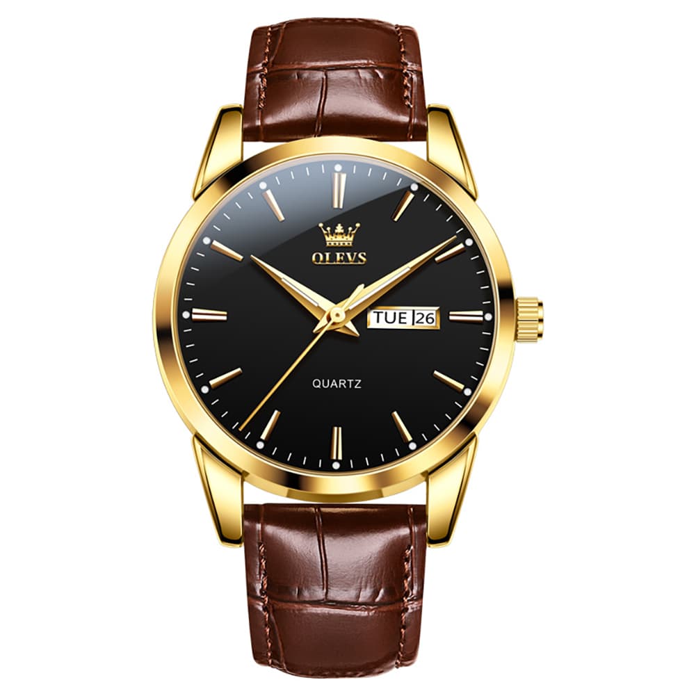 OLEVS 6898P Ultra Thin Day Date Watch Leather Strap Quartz Casual Timepiece for Men - All Black Watch | Olevs Watch Store
