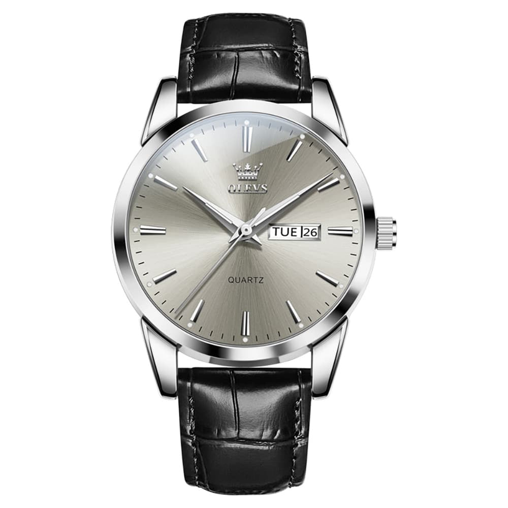 OLEVS 6898P Ultra Thin Day Date Watch Leather Strap Quartz Casual Timepiece for Men - All Black Watch | Olevs Watch Store
