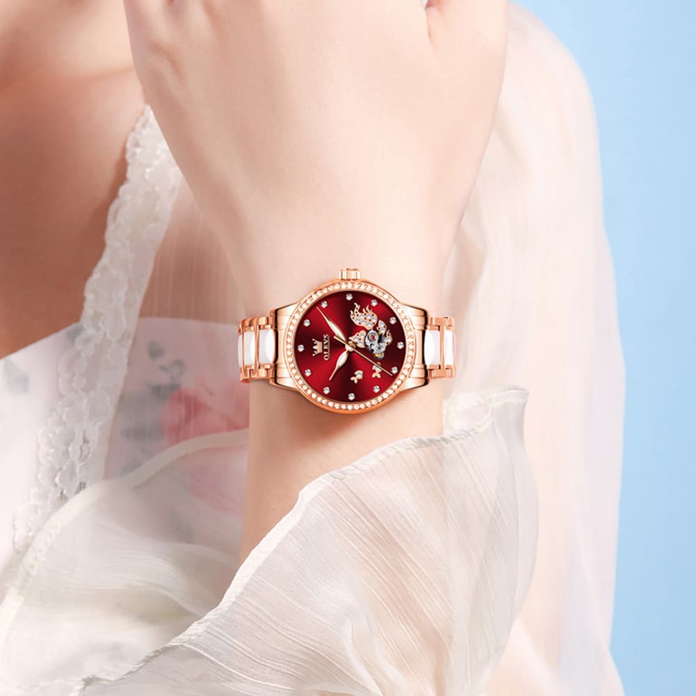 OLEVS 7001 Koi Skeleton Ceramic Mechanical Watch for Women - Rose Gold White Dial Watch | Olevs Watch Store