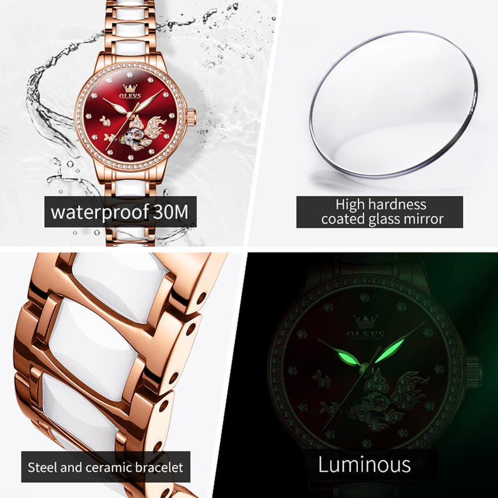 OLEVS 7001 Koi Skeleton Ceramic Mechanical Watch for Women - Rose Gold White Dial Watch | Olevs Watch Store
