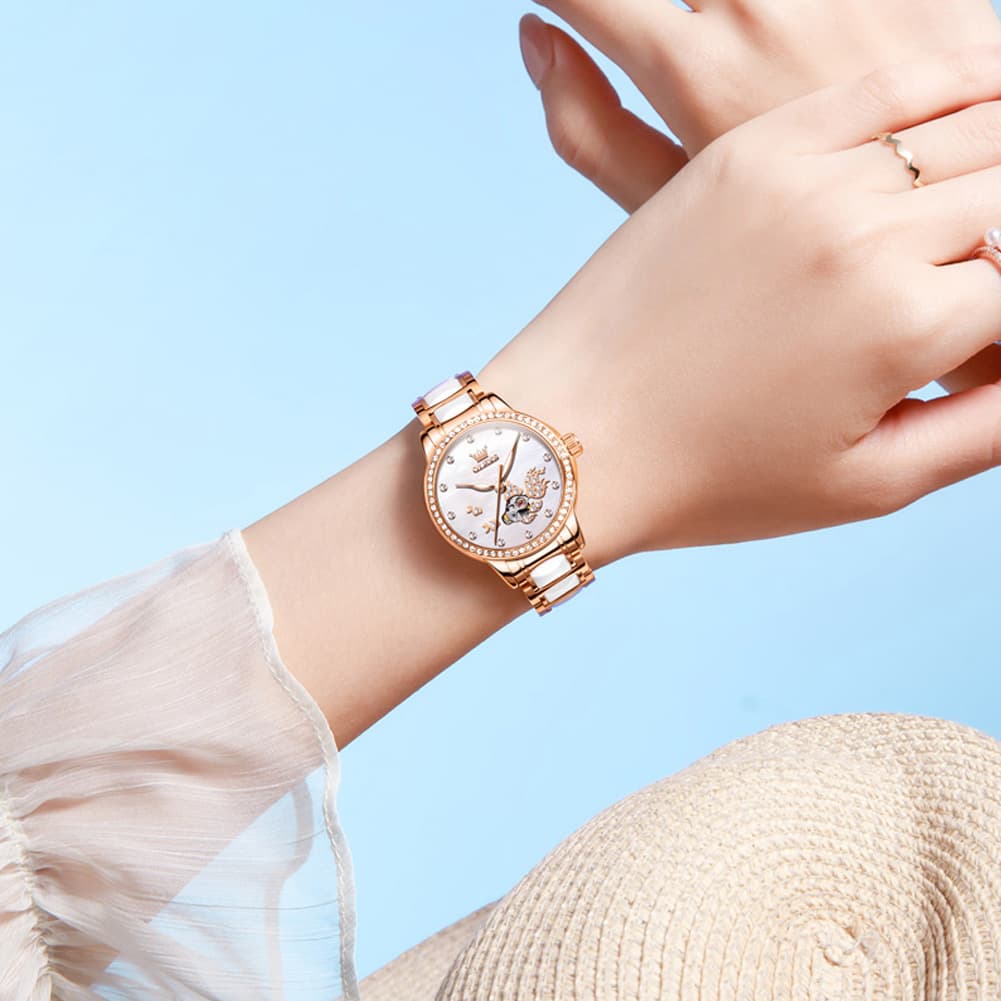 OLEVS 7001 Koi Skeleton Ceramic Mechanical Watch for Women - Rose Gold White Dial Watch | Olevs Watch Store