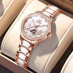 OLEVS 7001 Koi Skeleton Ceramic Mechanical Watch for Women - Rose Gold White Dial Watch | Olevs Watch Store