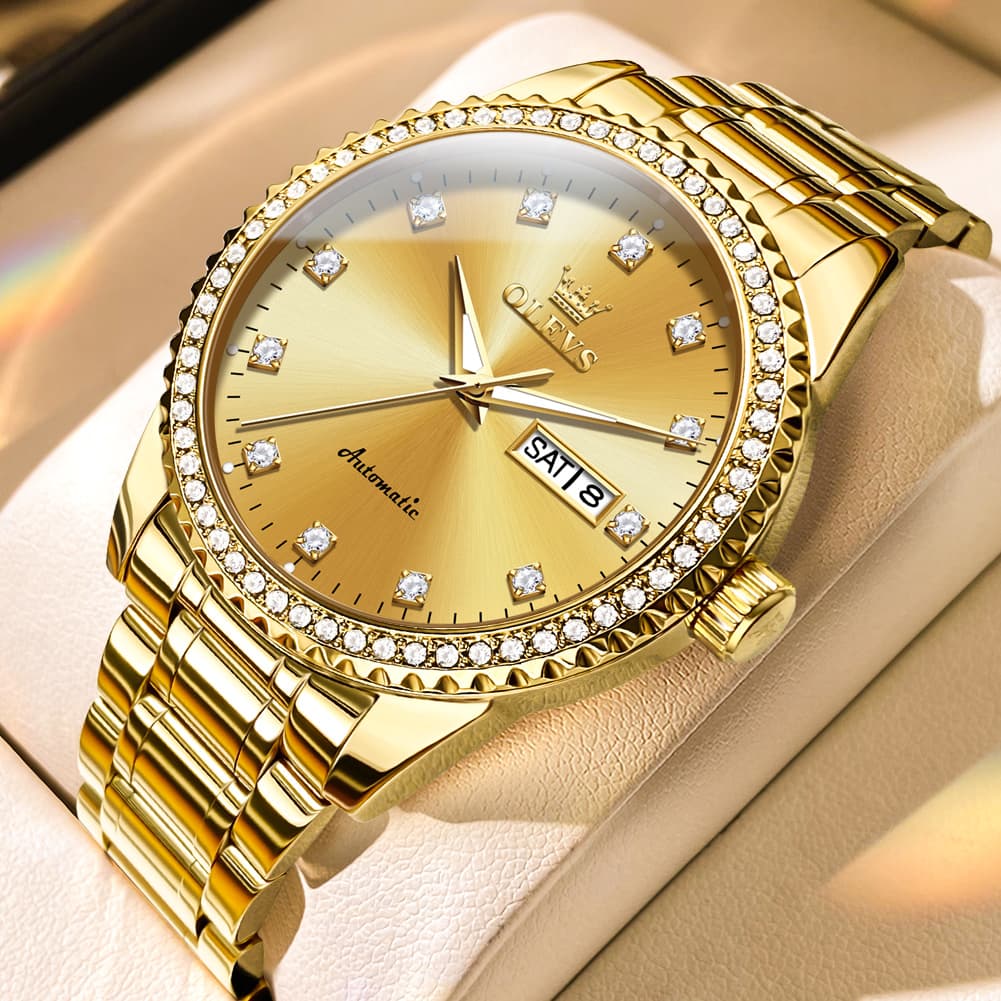 OLEVS 7003 Diamond Bezel Day Date Mechanical Watch for Men - All Gold Watch | Olevs Watch Store