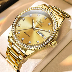 OLEVS 7003 Diamond Bezel Day Date Mechanical Watch for Men - All Gold Watch | Olevs Watch Store