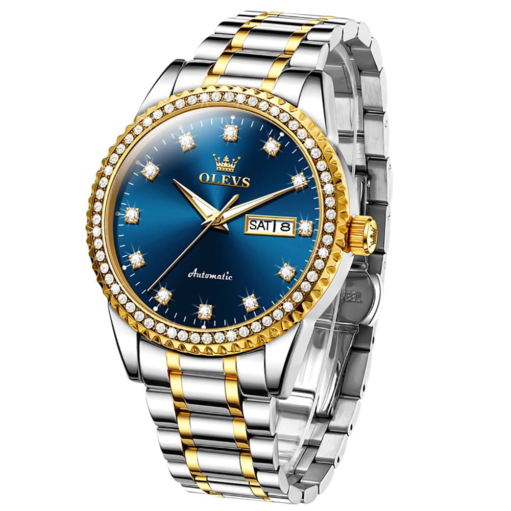 OLEVS 7003 Diamond Bezel Day Date Mechanical Watch for Men - All Gold Watch | Olevs Watch Store