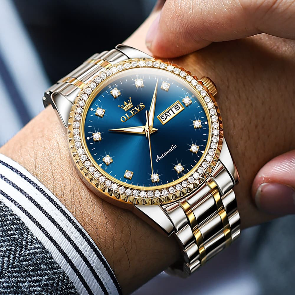 OLEVS 7003 Diamond Bezel Day Date Mechanical Watch for Men - All Gold Watch | Olevs Watch Store